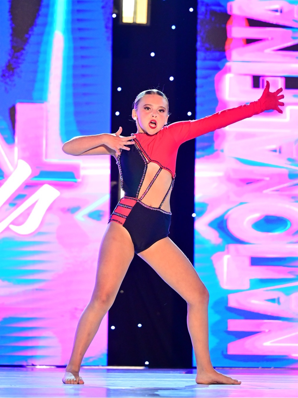 Gorgeous Stunning Custom Girls Red and Black One-Arm Rhinestone Dance Leotard